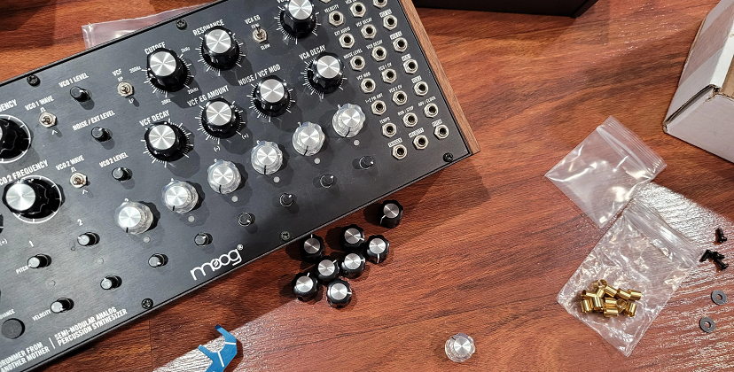 Moog DFAM with copper pot adapters nearby